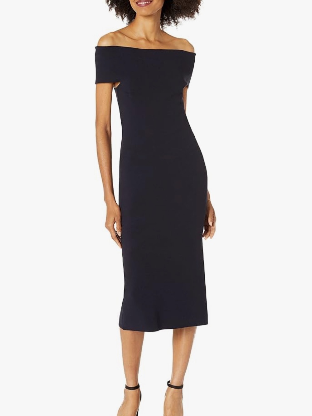 Off the Shoulder Midi Navy Wedding Guest Dress